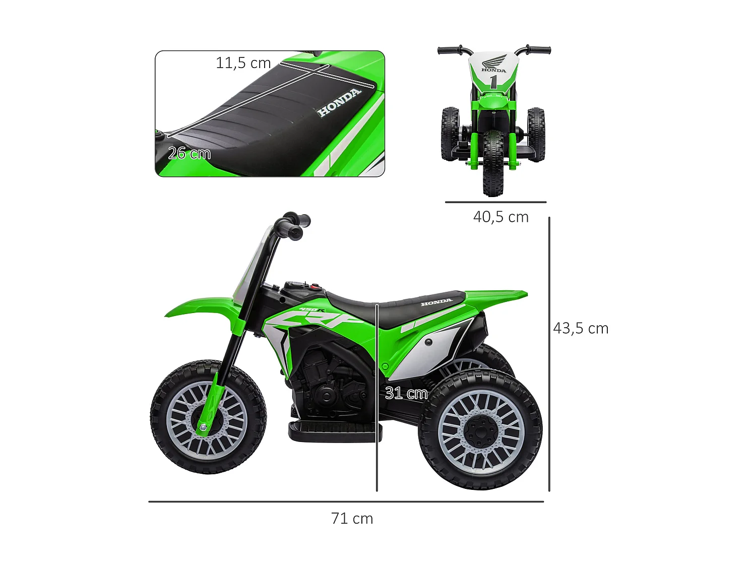 Moto Cross électrique enfant 3 roues licence officielle Honda CRF 450 R V. max. 3 Km/h fonctions sonores vert