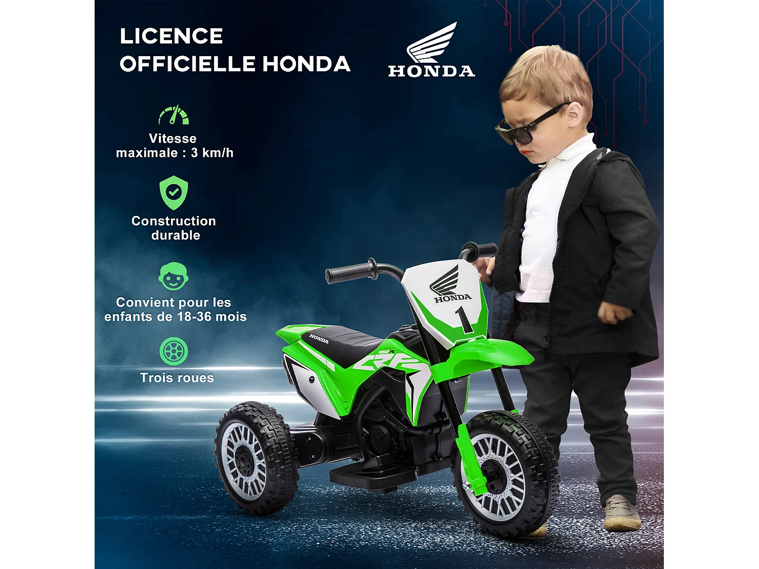 Moto Cross électrique enfant 3 roues licence officielle Honda CRF 450 R V. max. 3 Km/h fonctions sonores vert