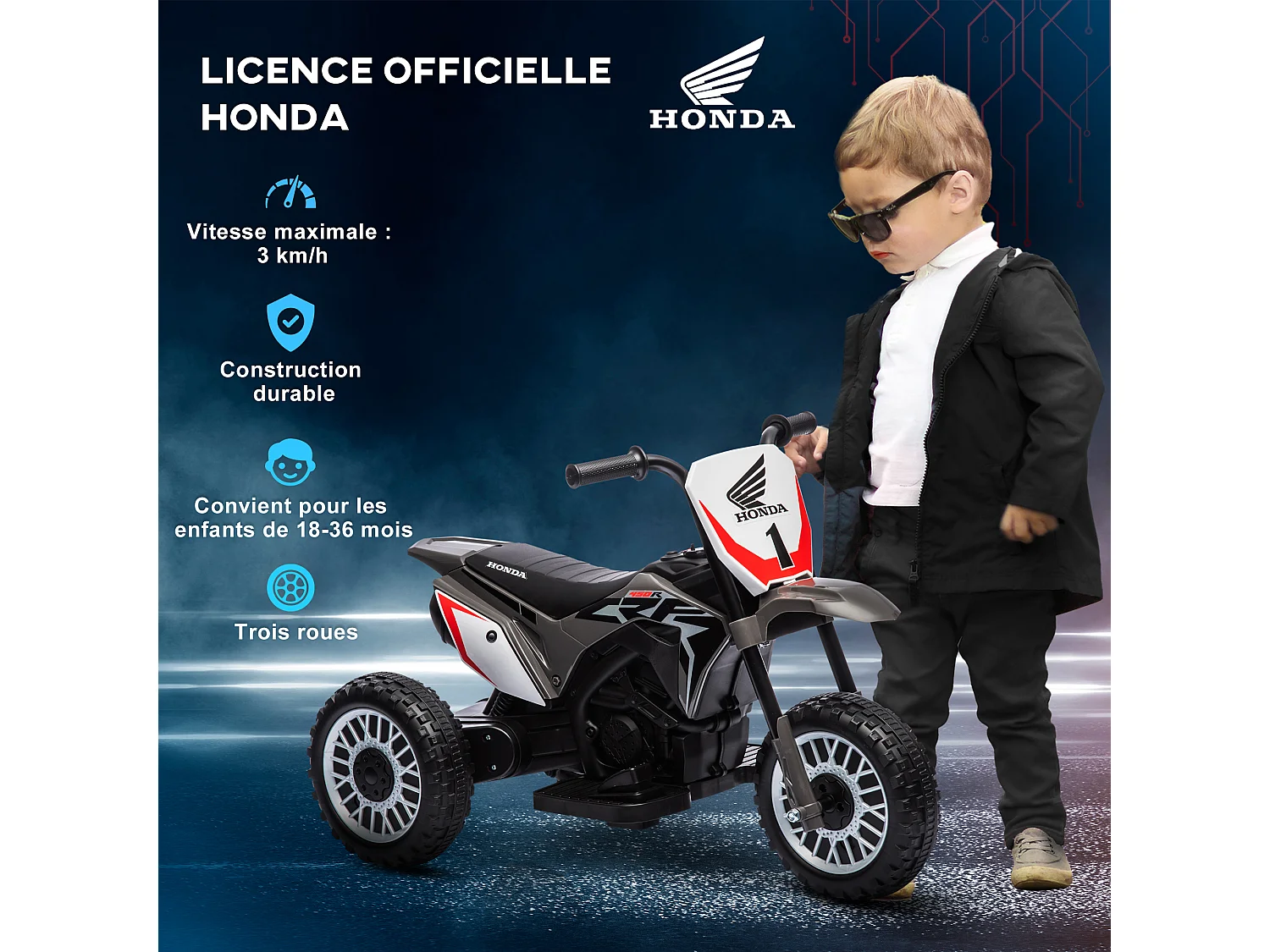 Moto Cross électrique enfant 3 roues licence officielle Honda CRF 450 R V. max. 3 Km/h fonctions sonores gris