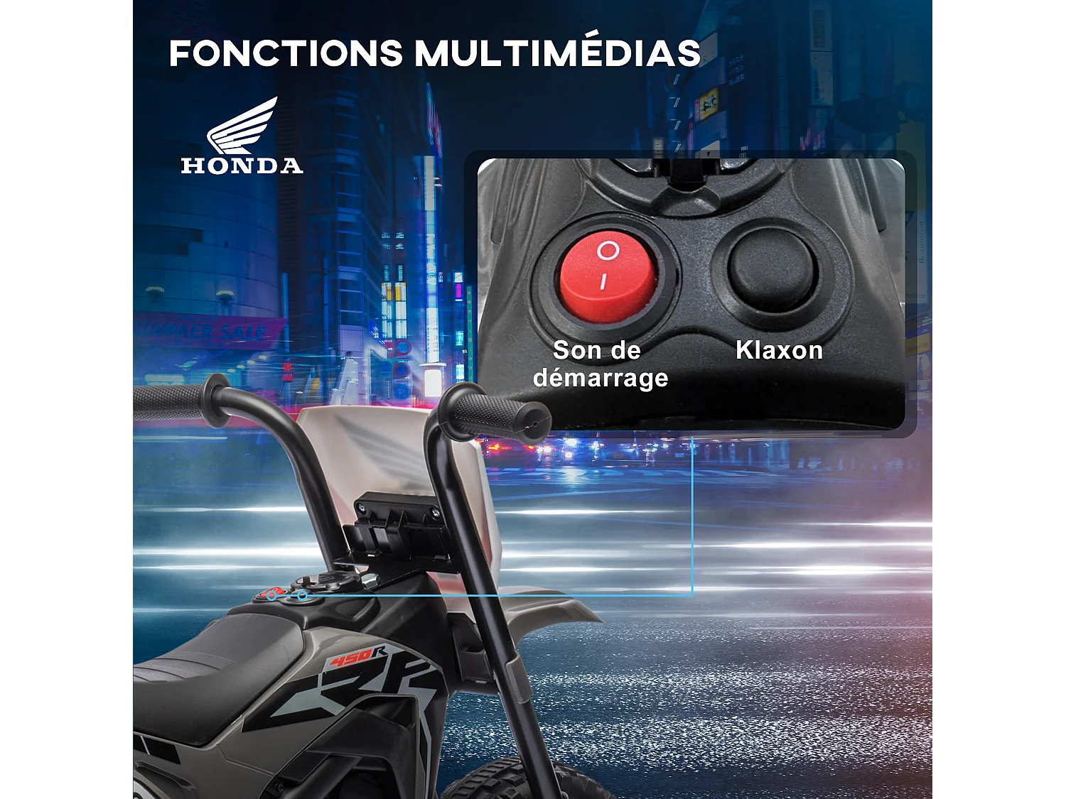 Moto Cross électrique enfant 3 roues licence officielle Honda CRF 450 R V. max. 3 Km/h fonctions sonores gris