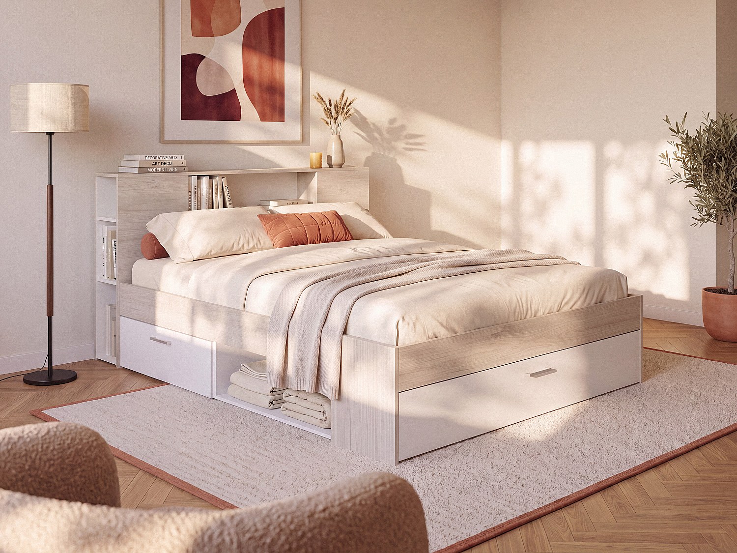 Bett mit Kopfteil, Stauraum & Schubladen - 180 x 200 cm - Holzfarben & Weiß - LEANDRE