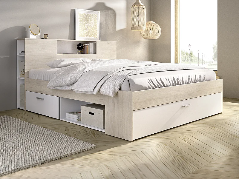 Cama com cabeceira espaços de arrumação e gaveta 180 x 200 cm cor natural e branco - LEANDRE