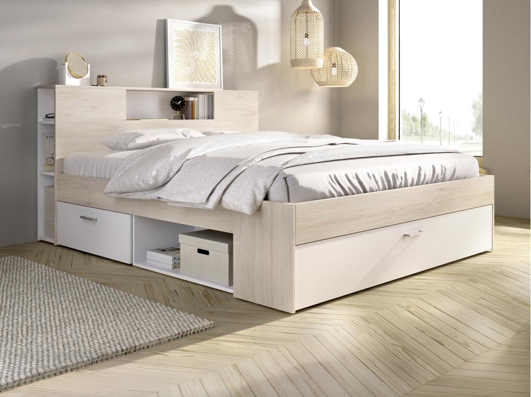 Bed met hoofdeinde met opbergruimte en lade 180 x 200 cm - Kleur: naturel en wit - LEANDRE