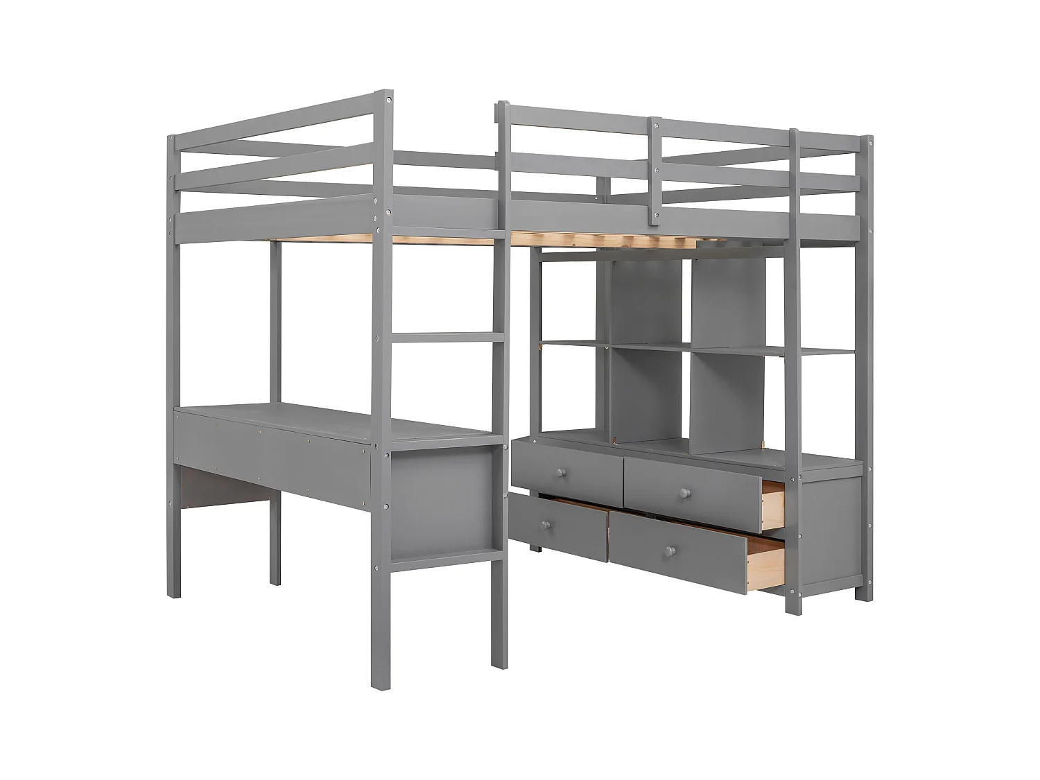 Kinderhoogslaper 140x200cm - verhoogd bed met opberglades, bureau en opbergboekenkast onder het bed - grijs