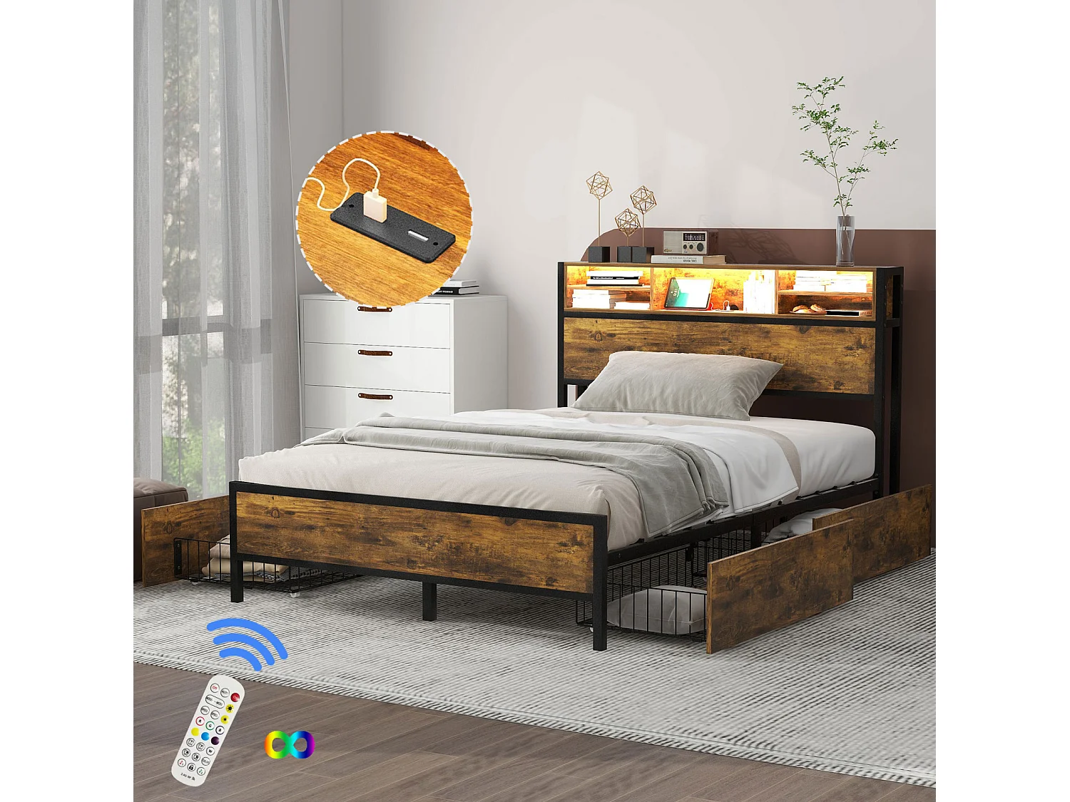 Lit double avec LED et Port de charge USB - 140x200cm - avec 4 tiroirs et sommier en métal - Marron