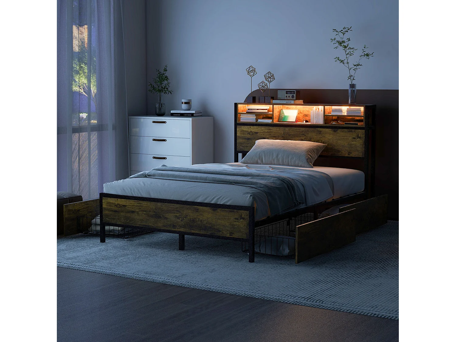 Lit double avec LED et Port de charge USB - 140x200cm - avec 4 tiroirs et sommier en métal - Marron