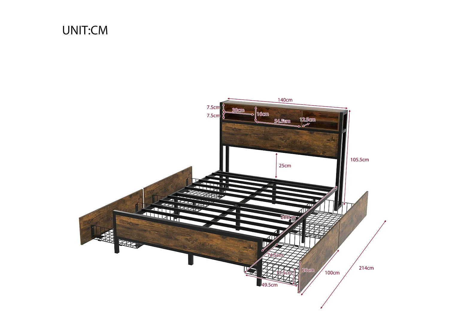 Lit double avec LED et Port de charge USB - 140x200cm - avec 4 tiroirs et sommier en métal - Marron