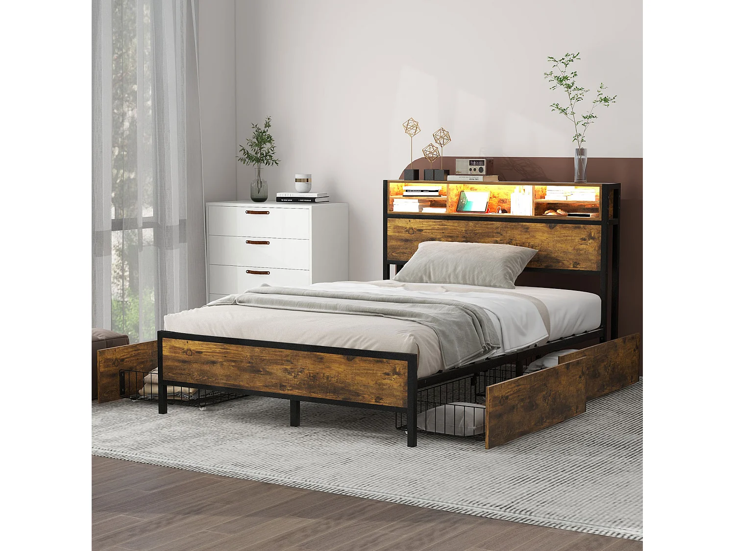 Lit double avec LED et Port de charge USB - 140x200cm - avec 4 tiroirs et sommier en métal - Marron