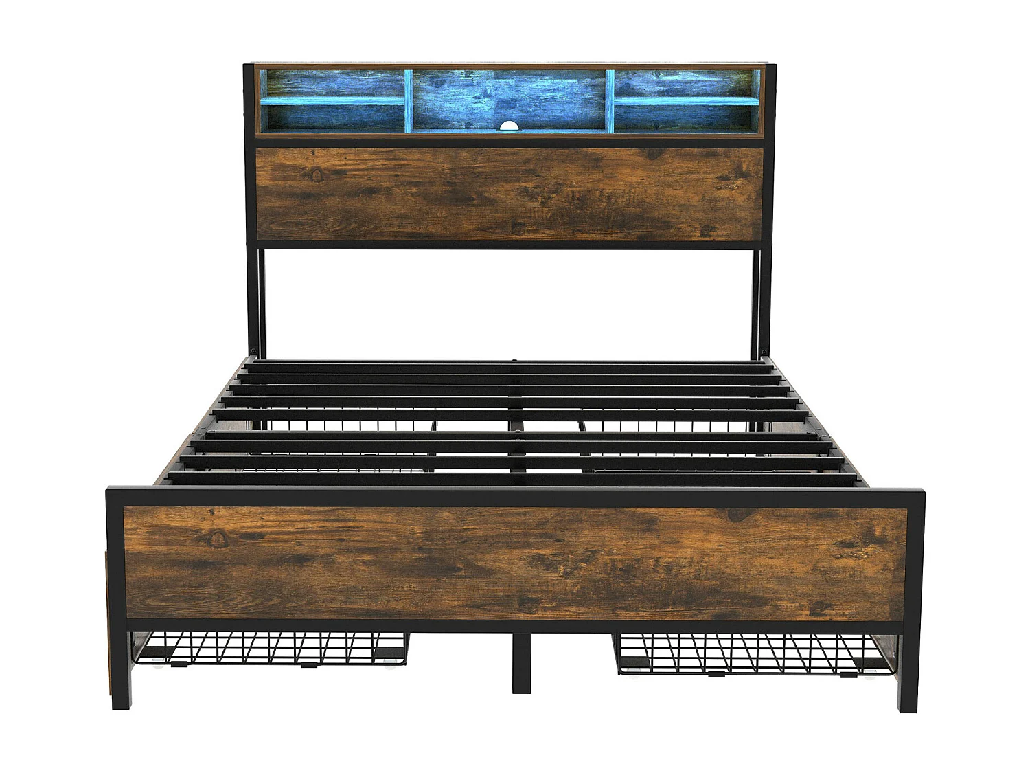 Lit double avec LED et Port de charge USB - 140x200cm - avec 4 tiroirs et sommier en métal - Marron