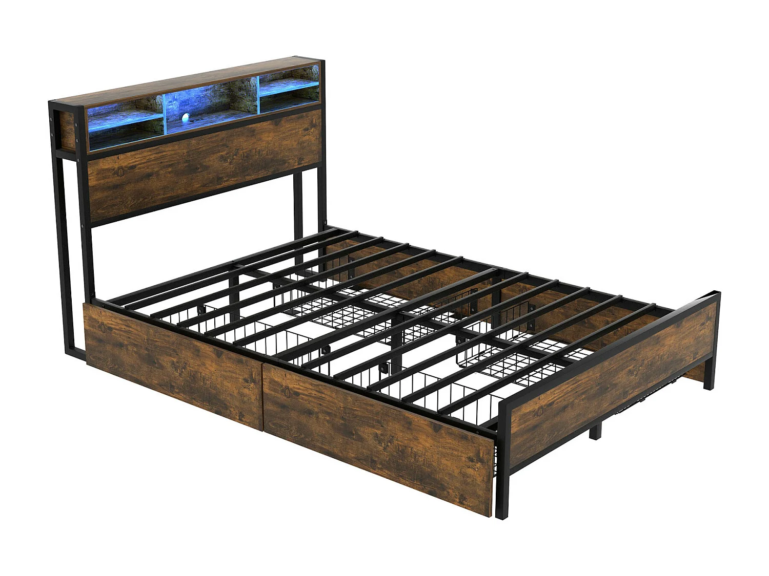 Lit double avec LED et Port de charge USB - 140x200cm - avec 4 tiroirs et sommier en métal - Marron