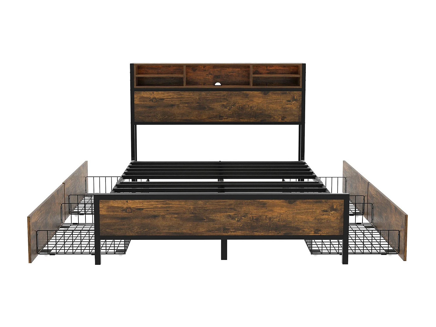 Lit double avec LED et Port de charge USB - 140x200cm - avec 4 tiroirs et sommier en métal - Marron