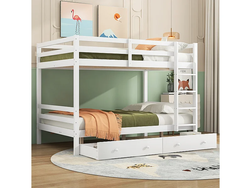 Letto a castello 140x200cm, letto per bambini con 2 cassetti, scaletta, sponde alte, bianco