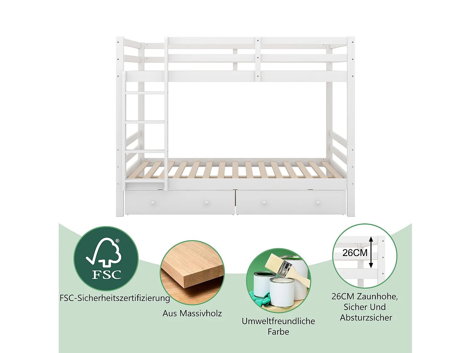 Litera 140x200cm, cama infantil con 2 cajones, escalera, barandillas altas, color blanco