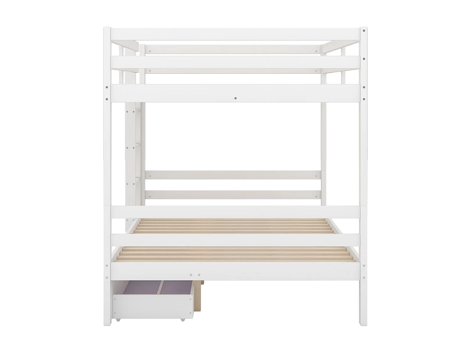 Litera 140x200cm, cama infantil con 2 cajones, escalera, barandillas altas, color blanco