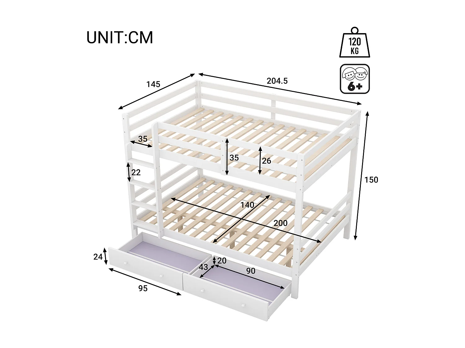 Stapelbed 140x200cm, kinderbed met 2 lades, ladder, hoge leuningen, wit
