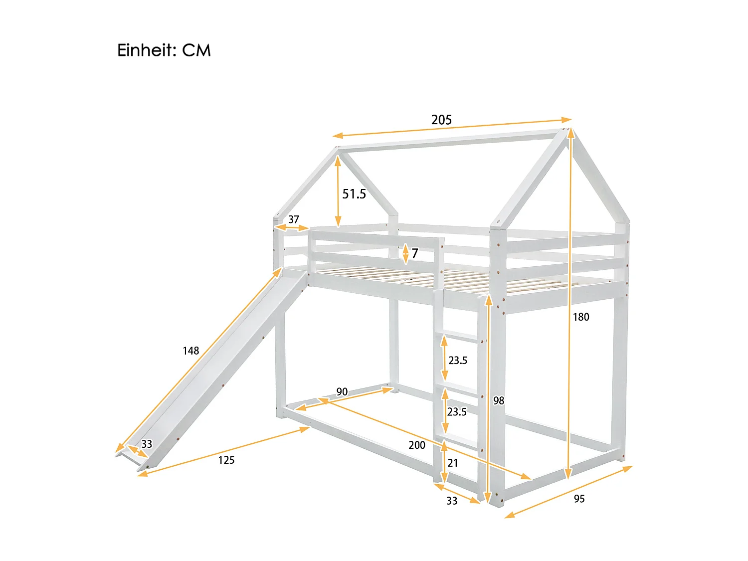 Lit superposé 90x200cm, lit cabane d'enfant avec toboggan et échelle, avec 1x sommier à lattes, blanc