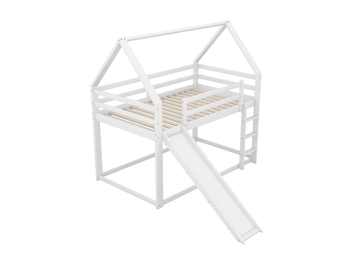 Lit superposé 90x200cm, lit cabane d'enfant avec toboggan et échelle, avec 1x sommier à lattes, blanc