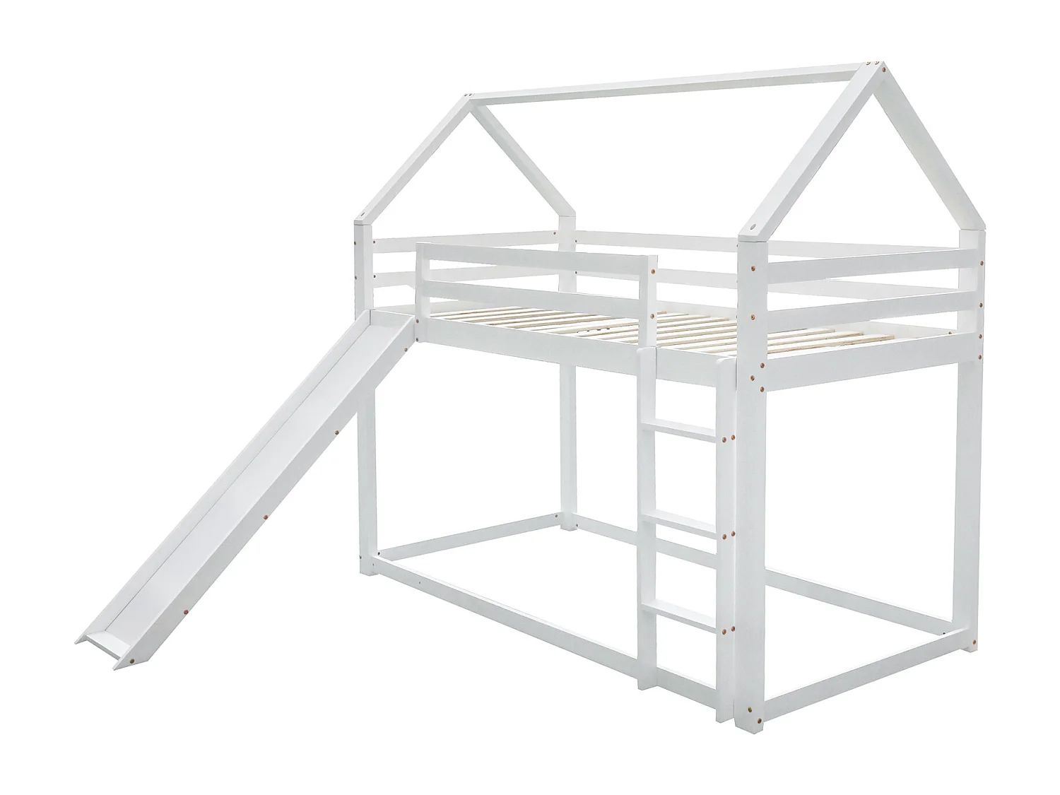 Lit superposé 90x200cm, lit cabane d'enfant avec toboggan et échelle, avec 1x sommier à lattes, blanc