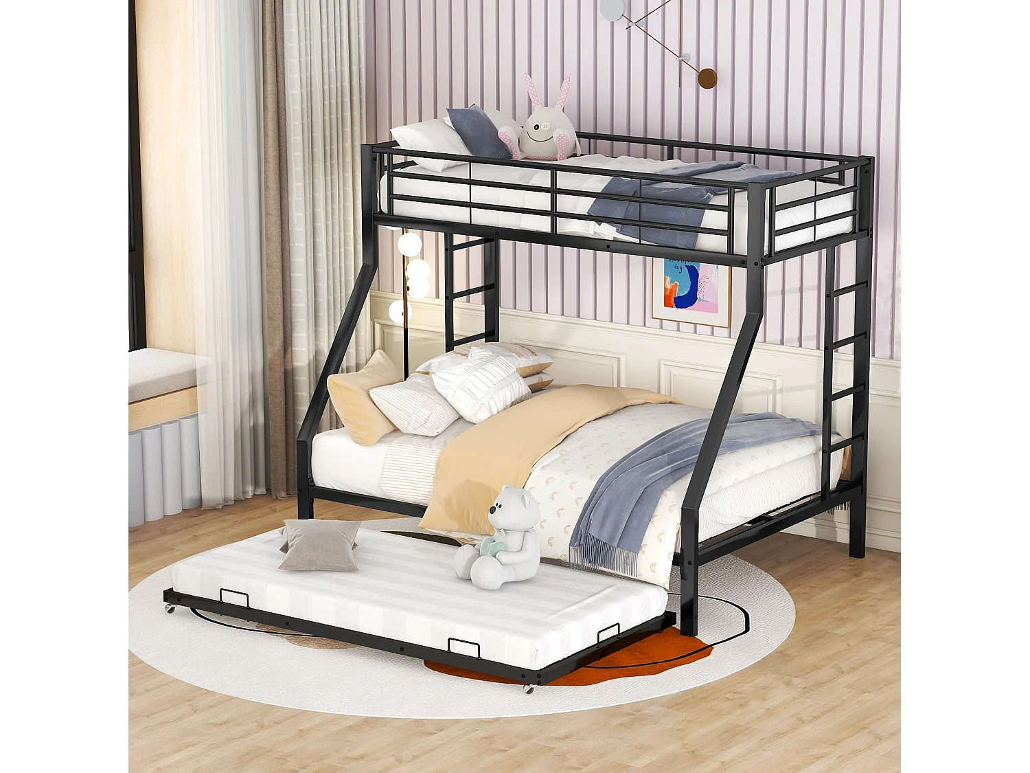 Letto a castello, letto estraibile in metallo, con scala su entrambi i lati per bambini, adolescenti, adulti, facile da montare, 90(140)x200cm, nero