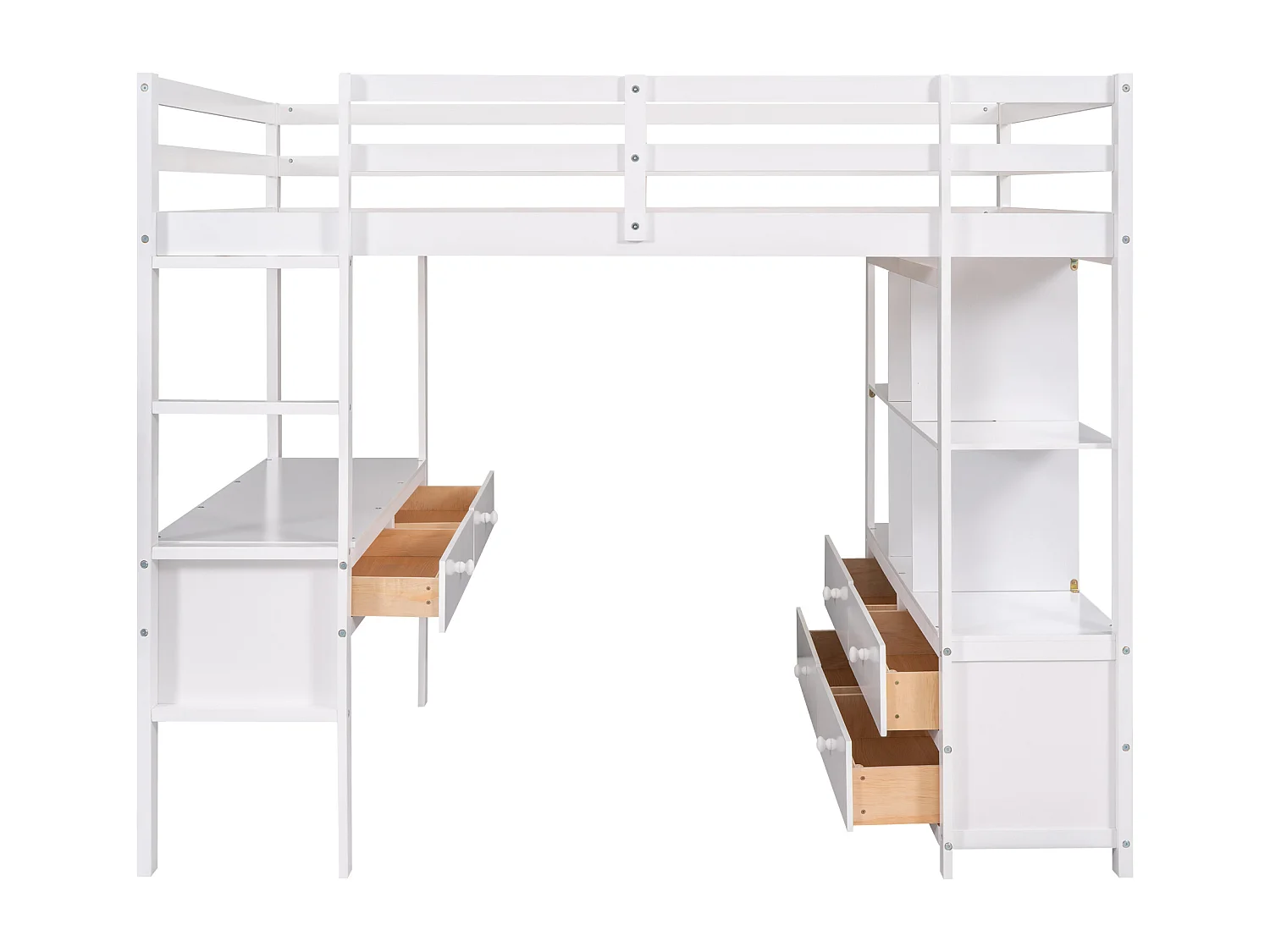 Lit mezzanine 140x200cm pour enfant - lit surélevé avec tiroirs de rangement, bureau et bibliothèque de rangement sous le lit - blanc