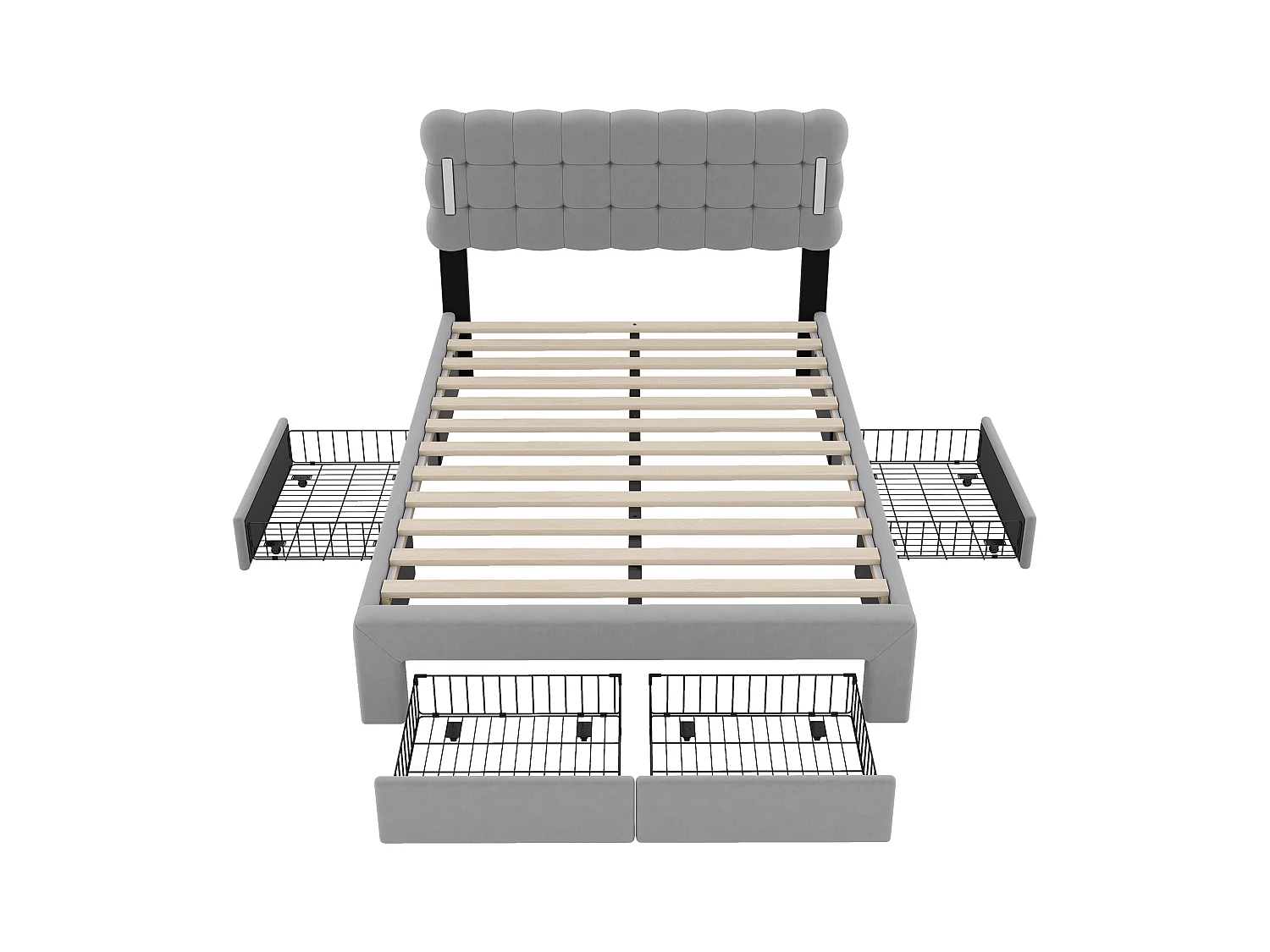 Tweepersoonsbed 140x200cm, gestoffeerd bed met 4 lades, lattenbodem en LED hoofdbord, fluweel, grijs