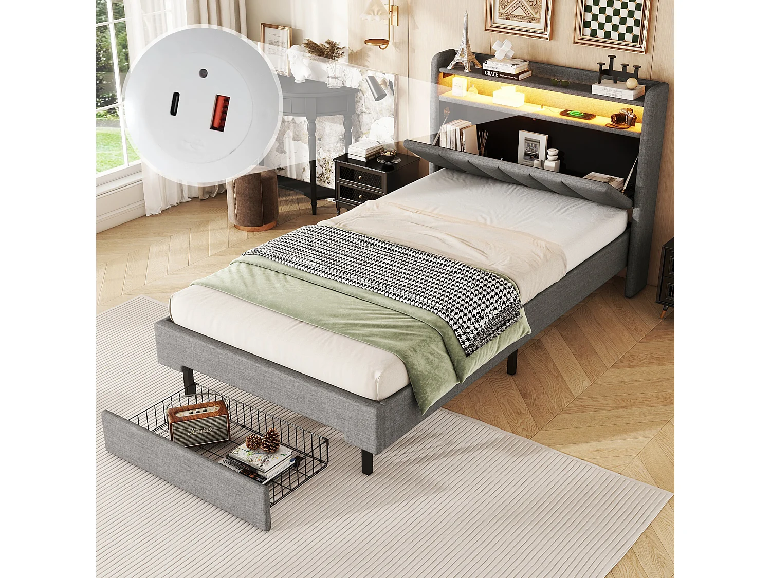 Tweepersoonsbed 90x200cm, met 1 lade, oplaadpoort, lattenbodem en LED-hoofdbord met opbergruimte, katoenen linnen, grijs