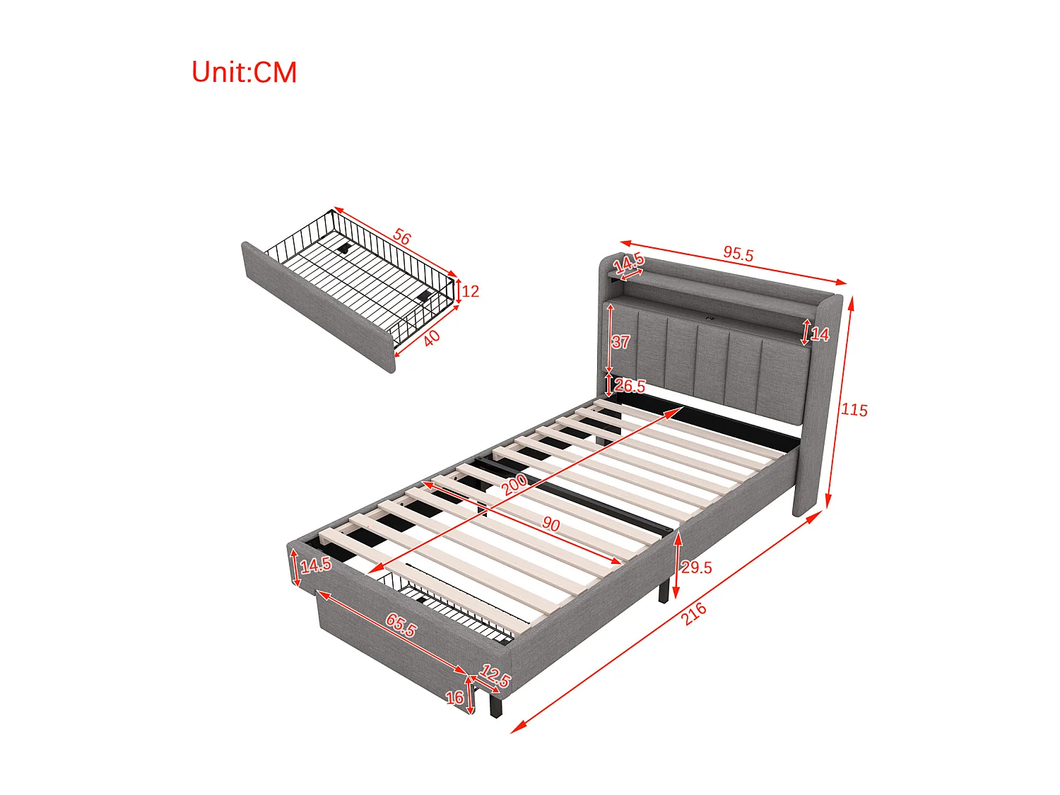 Tweepersoonsbed 90x200cm, met 1 lade, oplaadpoort, lattenbodem en LED-hoofdbord met opbergruimte, katoenen linnen, grijs