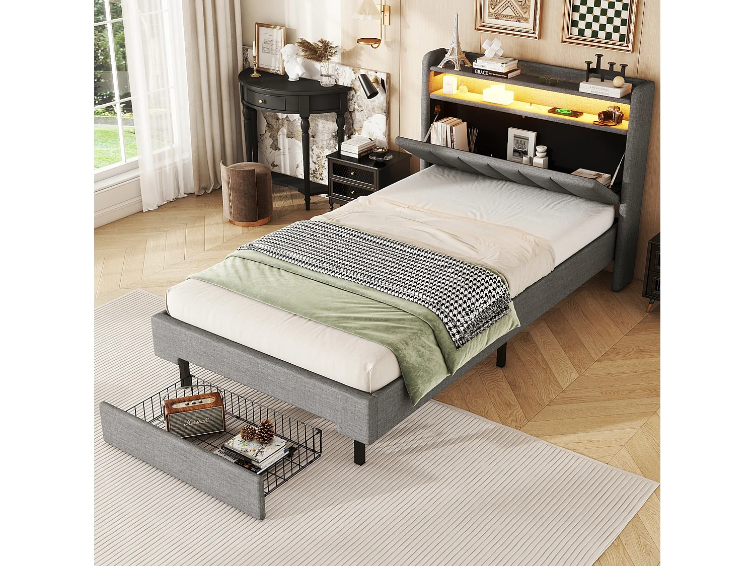 Tweepersoonsbed 90x200cm, met 1 lade, oplaadpoort, lattenbodem en LED-hoofdbord met opbergruimte, katoenen linnen, grijs