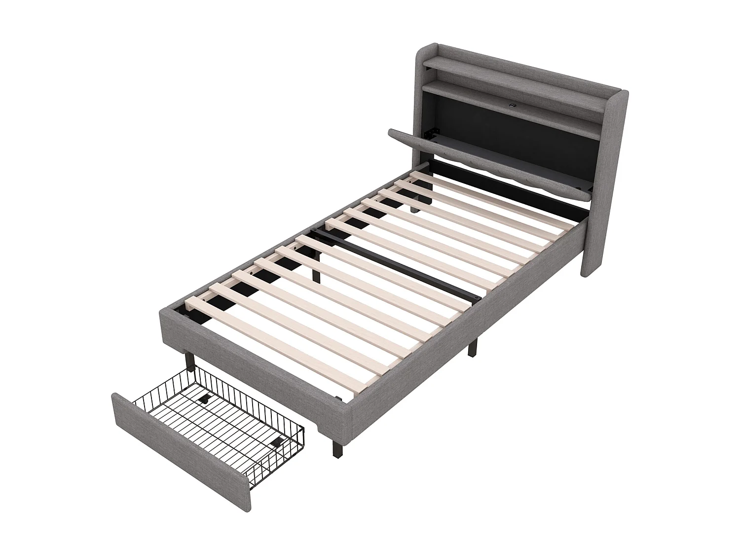 Tweepersoonsbed 90x200cm, met 1 lade, oplaadpoort, lattenbodem en LED-hoofdbord met opbergruimte, katoenen linnen, grijs