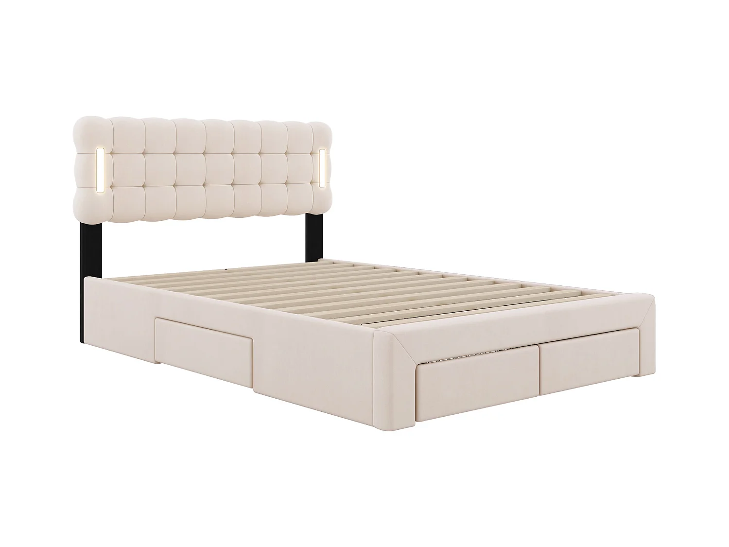 Tweepersoonsbed 140x200cm, gestoffeerd bed met 4 lades, lattenbodem en LED hoofdbord, fluweel, beige
