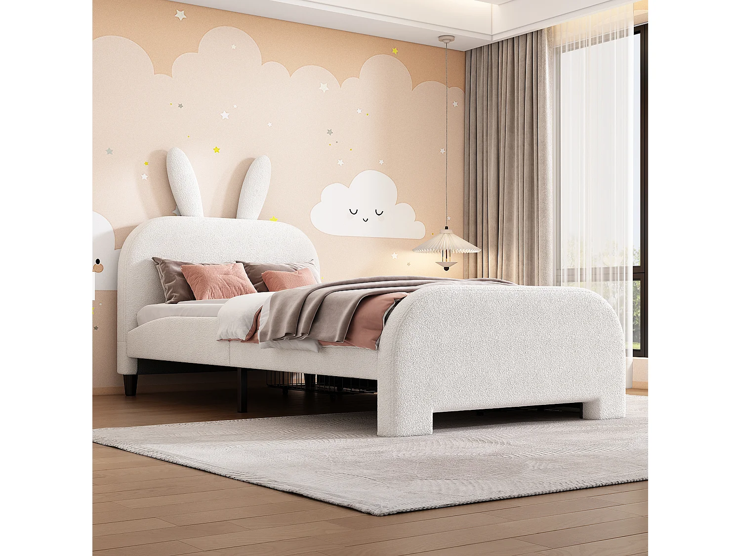 Letto 90x200cm, letto singolo per bambini con 2 cassetti, rete a doghe e testiera a forma di coniglio, in lana di pecora, Bianco