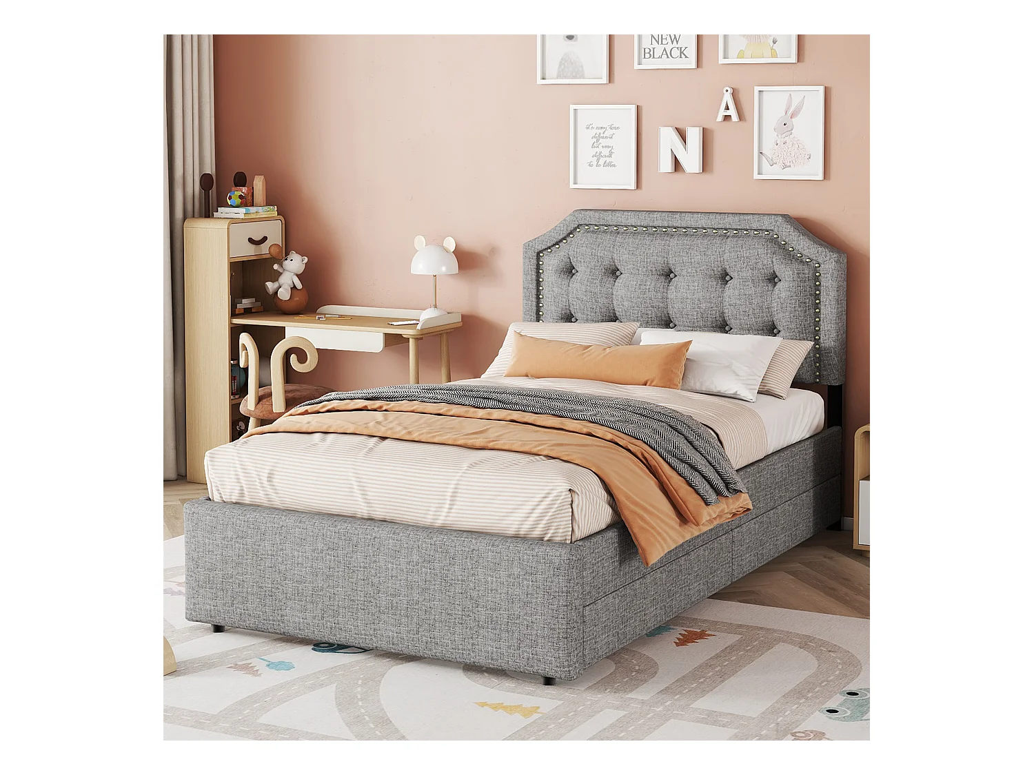 Cama individual 90x200cm, plana y tapizada, con 3 cajones, somier y cabecero, color blanco.