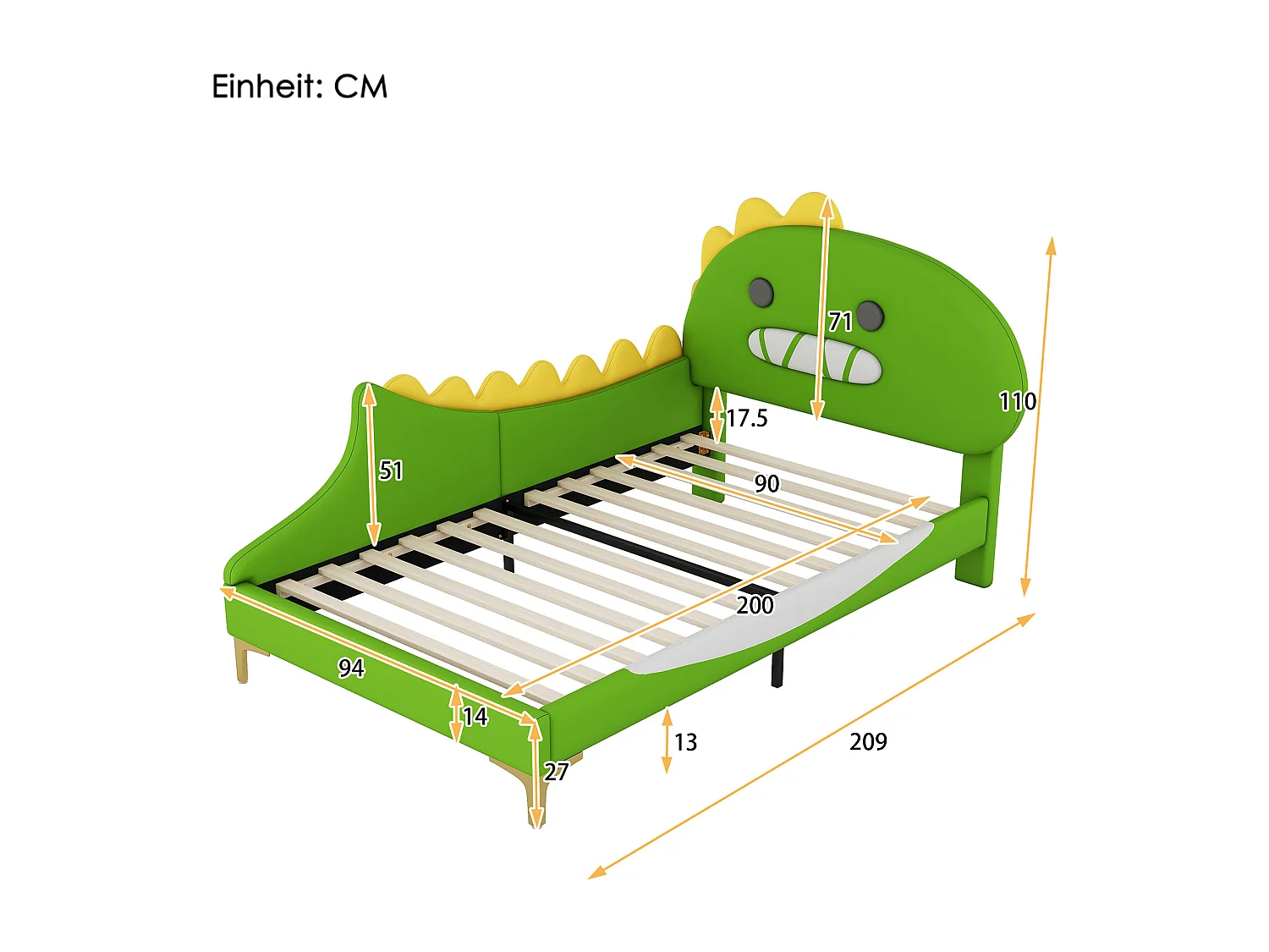 Letto singolo per bambini 90 x 200 cm, a forma di dinosauro dei cartoni animati, letto piatto, materiale PU, verde