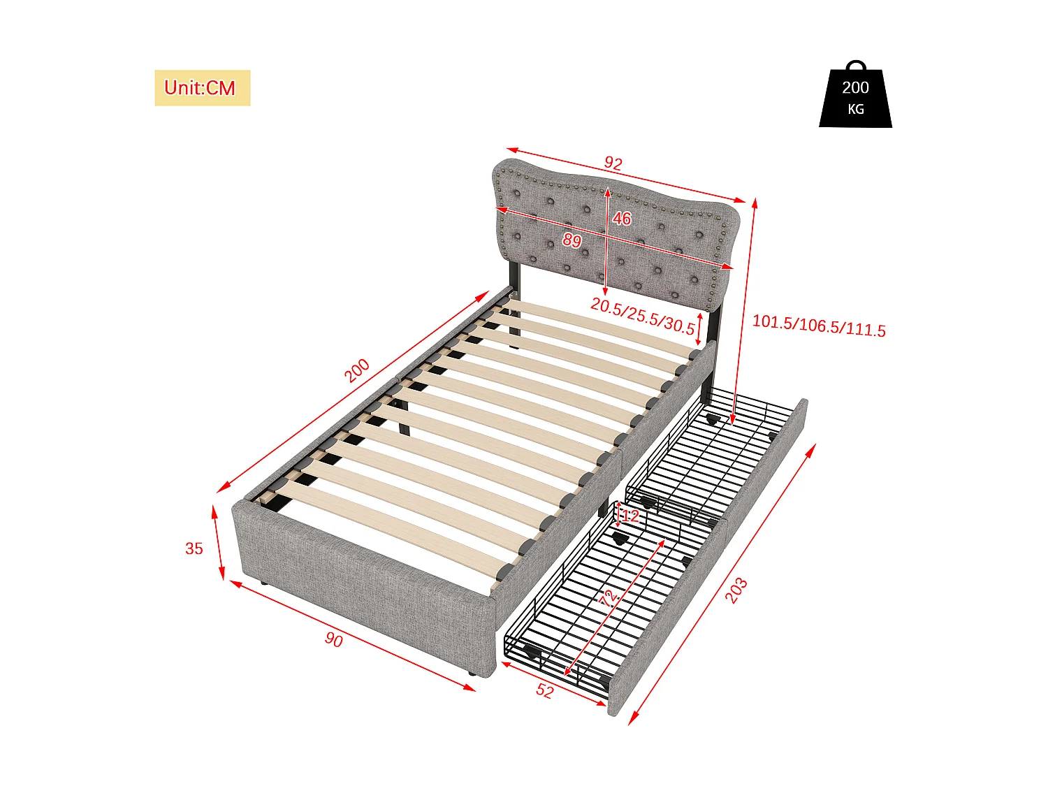 Letto con cassetti Letto imbottito 90 x 200 cm, comodino quadrato imbottito con rivetti decorativi, grigio