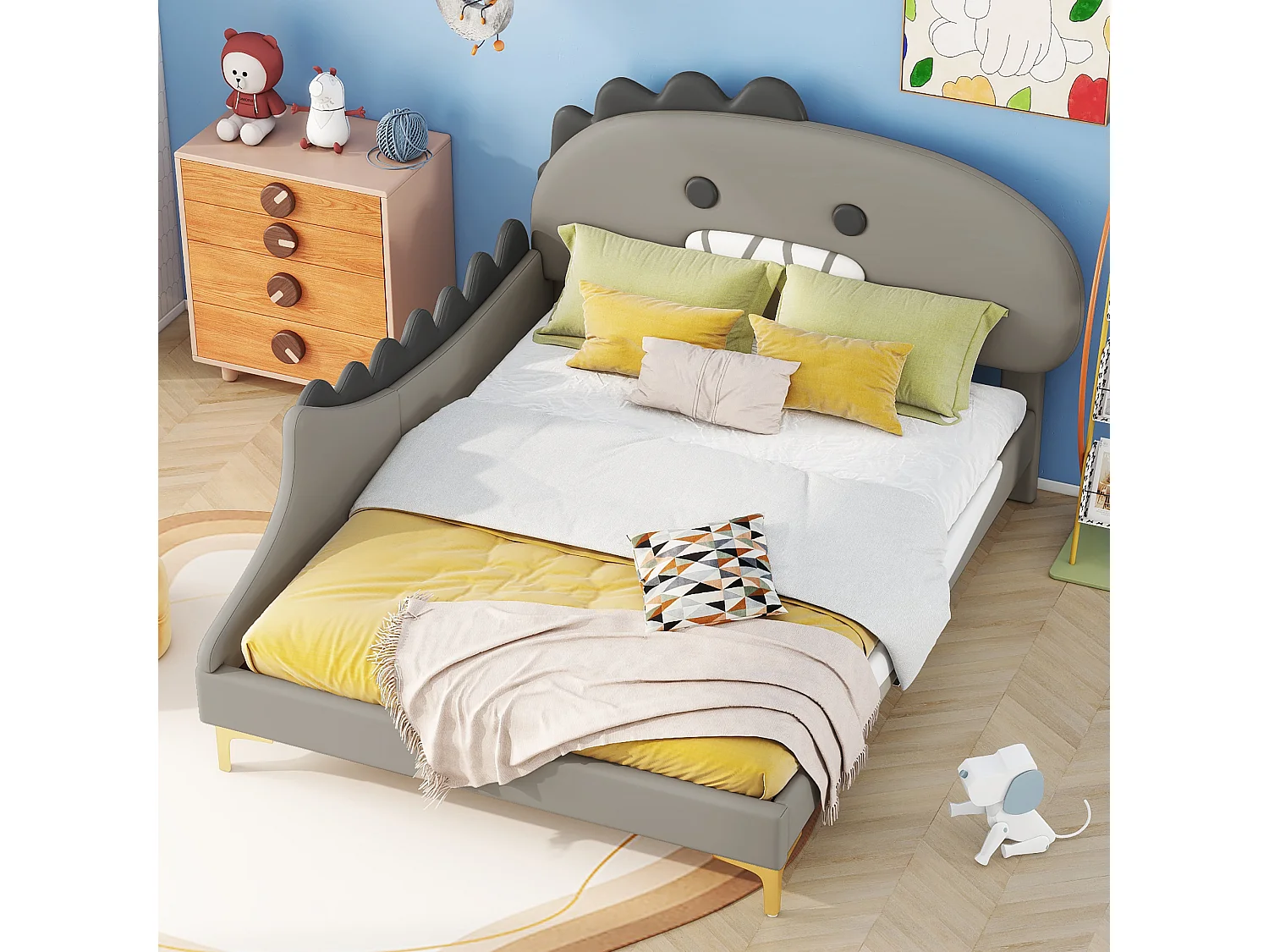 Letto singolo per bambini 140 x 200 cm, a forma di dinosauro dei cartoni animati, letto piatto, materiale PU, grigio