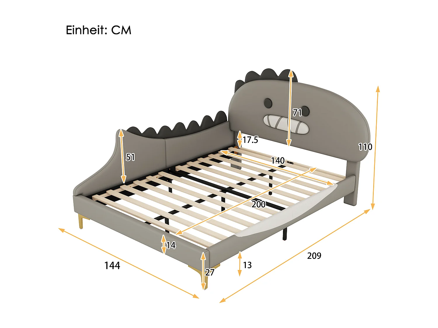 Letto singolo per bambini 140 x 200 cm, a forma di dinosauro dei cartoni animati, letto piatto, materiale PU, grigio