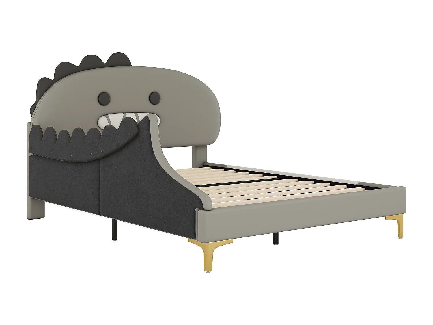 Letto singolo per bambini 140 x 200 cm, a forma di dinosauro dei cartoni animati, letto piatto, materiale PU, grigio