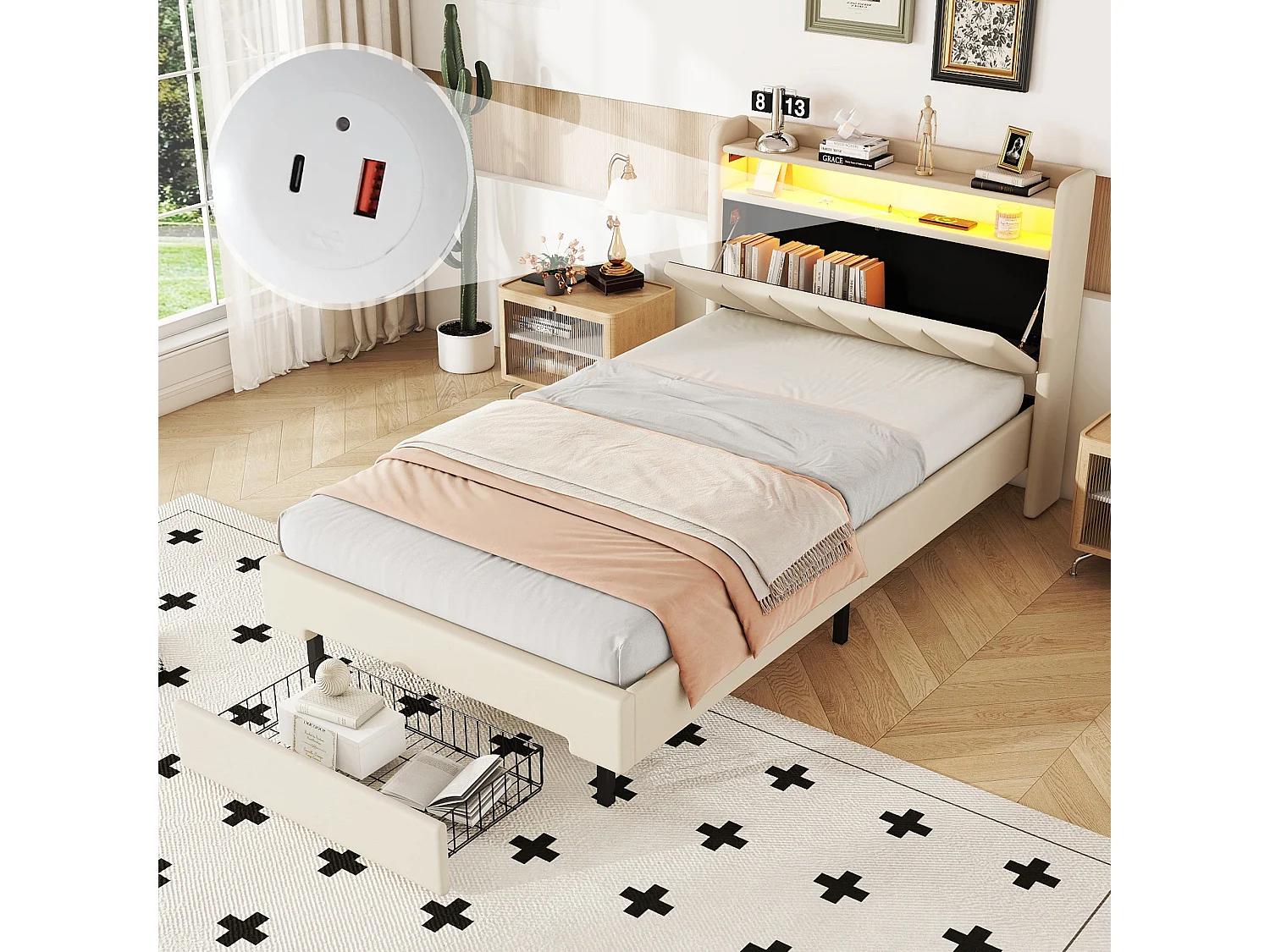 Lit double 90x200cm, avec 1 tiroirs, port charge, sommier à lattes et tête de lit LED avec espace de rangement, cotton Lin, beige