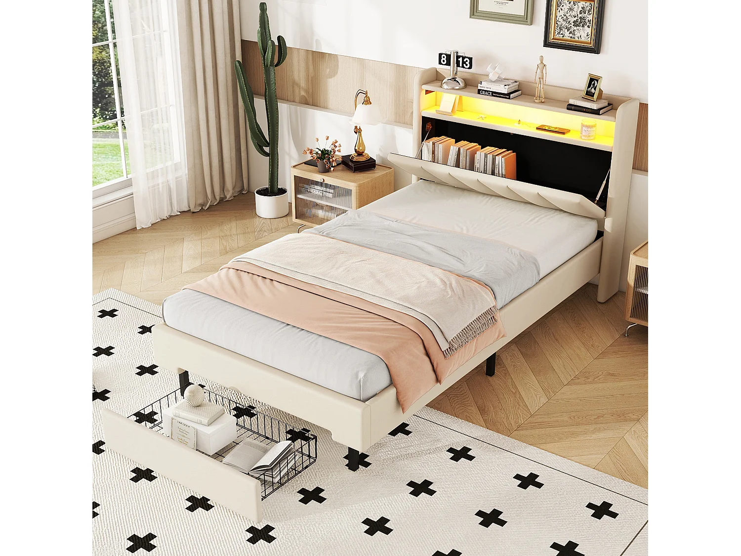 Lit double 90x200cm, avec 1 tiroirs, port charge, sommier à lattes et tête de lit LED avec espace de rangement, cotton Lin, beige