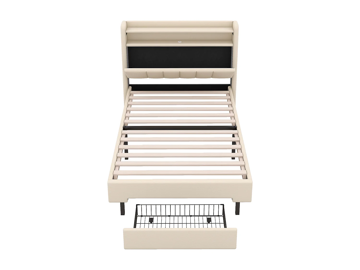 Lit double 90x200cm, avec 1 tiroirs, port charge, sommier à lattes et tête de lit LED avec espace de rangement, cotton Lin, beige