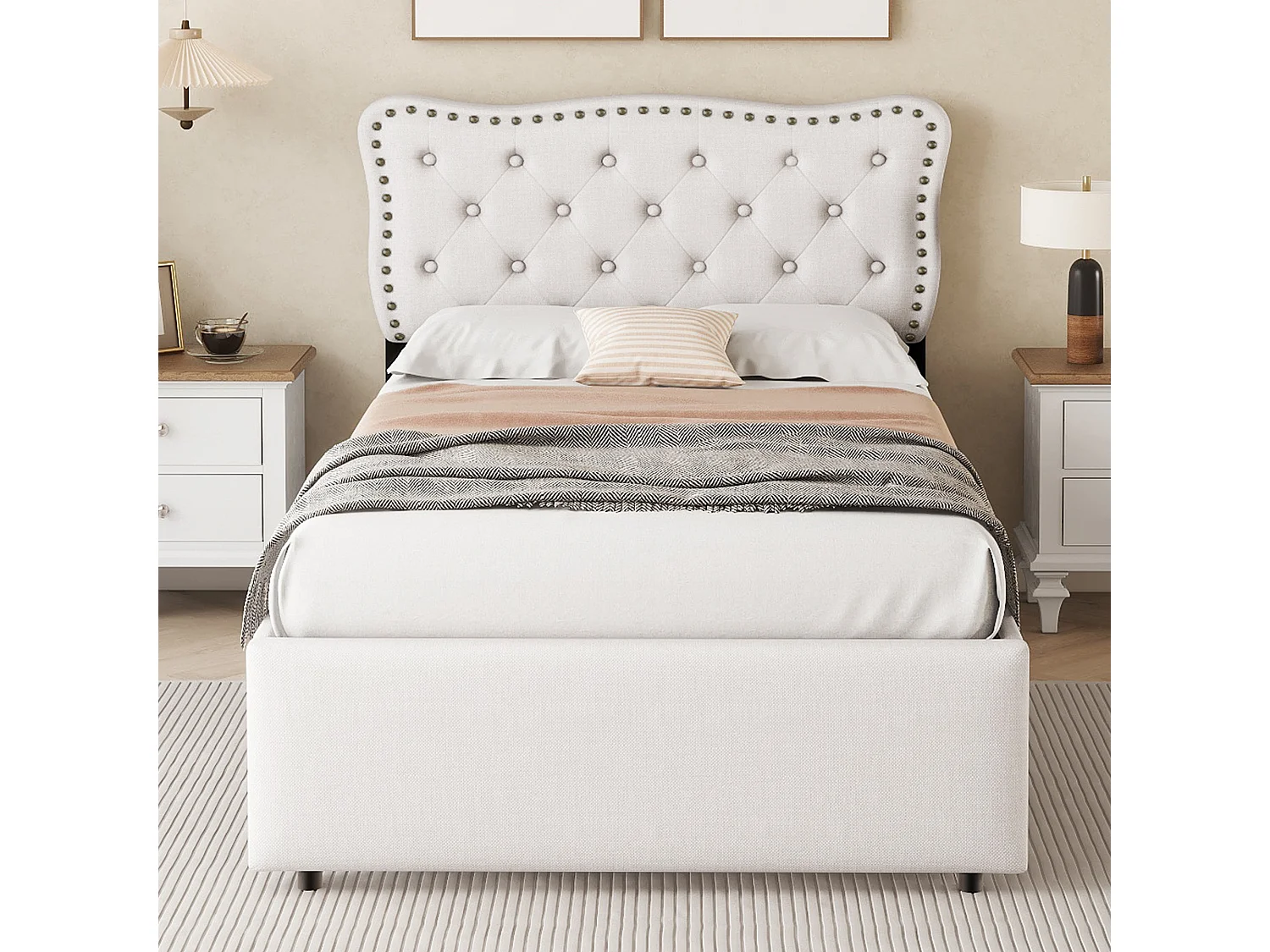 Letto con cassetti Letto imbottito 90 x 200 cm, comodino quadrato imbottito con rivetti decorativi, bianco