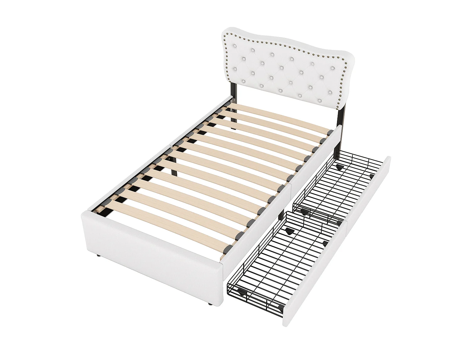 Letto con cassetti Letto imbottito 90 x 200 cm, comodino quadrato imbottito con rivetti decorativi, bianco