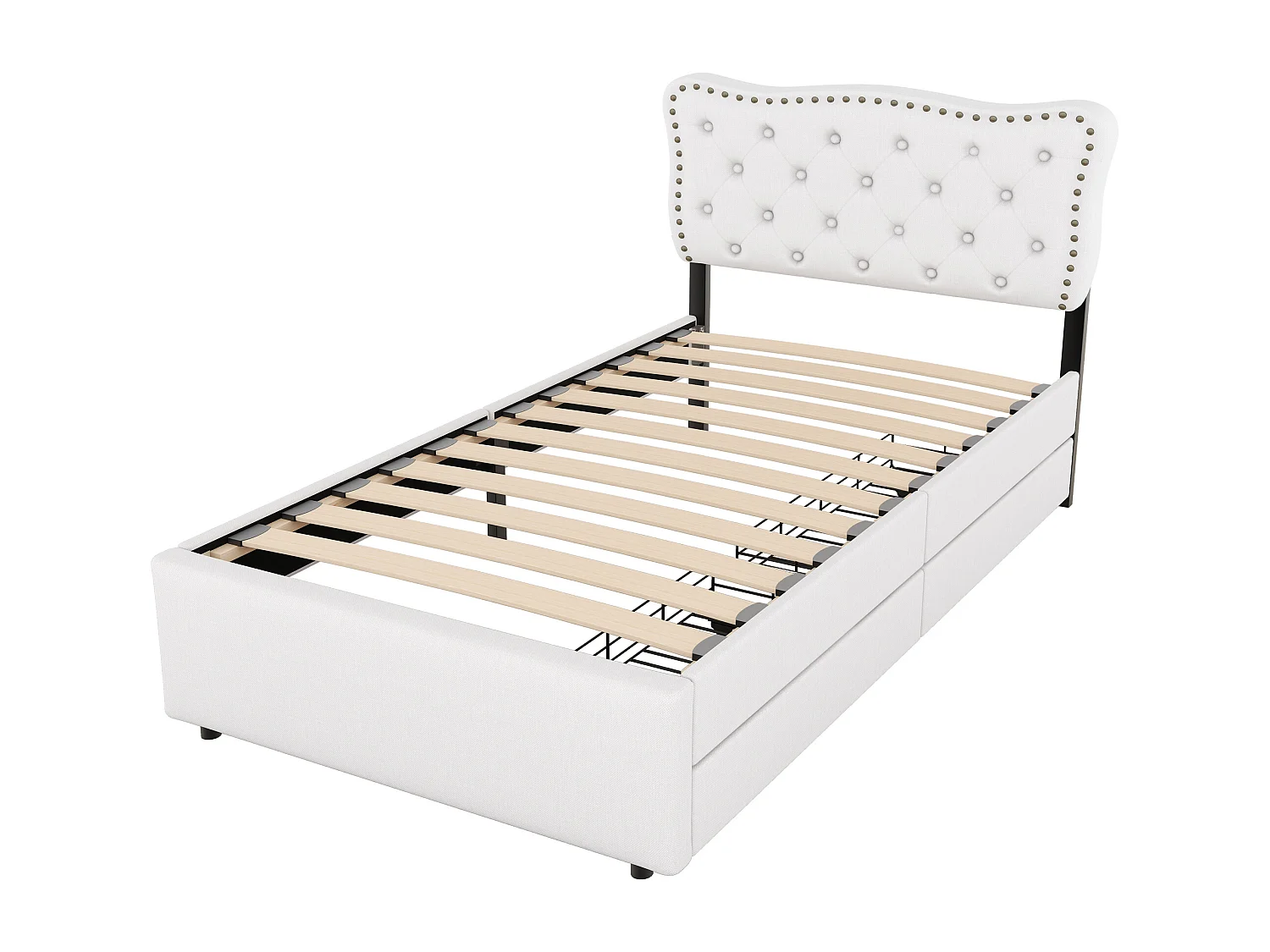 Lit avec tiroirs Lit capitonné 90 x 200 cm, table de chevet capitonnée carrée avec rivets décoratifs, blanc