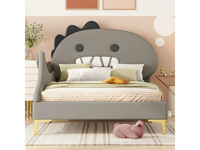 Letto singolo per bambini 90 x 200 cm, a forma di dinosauro dei cartoni animati, letto piatto, materiale PU, grigio