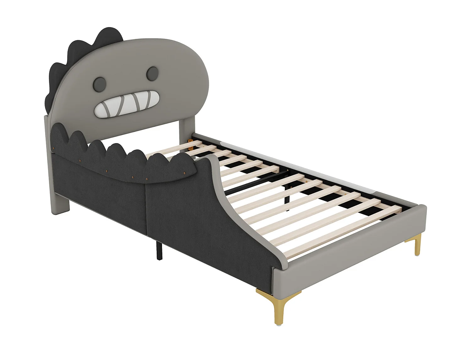 Letto singolo per bambini 90 x 200 cm, a forma di dinosauro dei cartoni animati, letto piatto, materiale PU, grigio