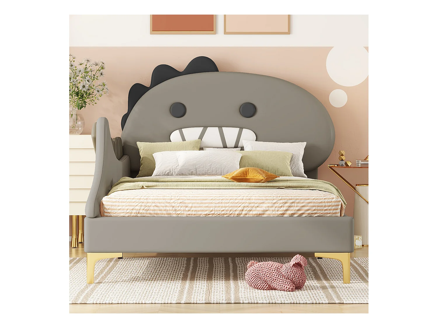 Eenpersoonsbed-Kinderbed 90 x 200 cm, Cartoon Dinosaurus Vorm, Vlak Bed, PU Materiaal, Grijs