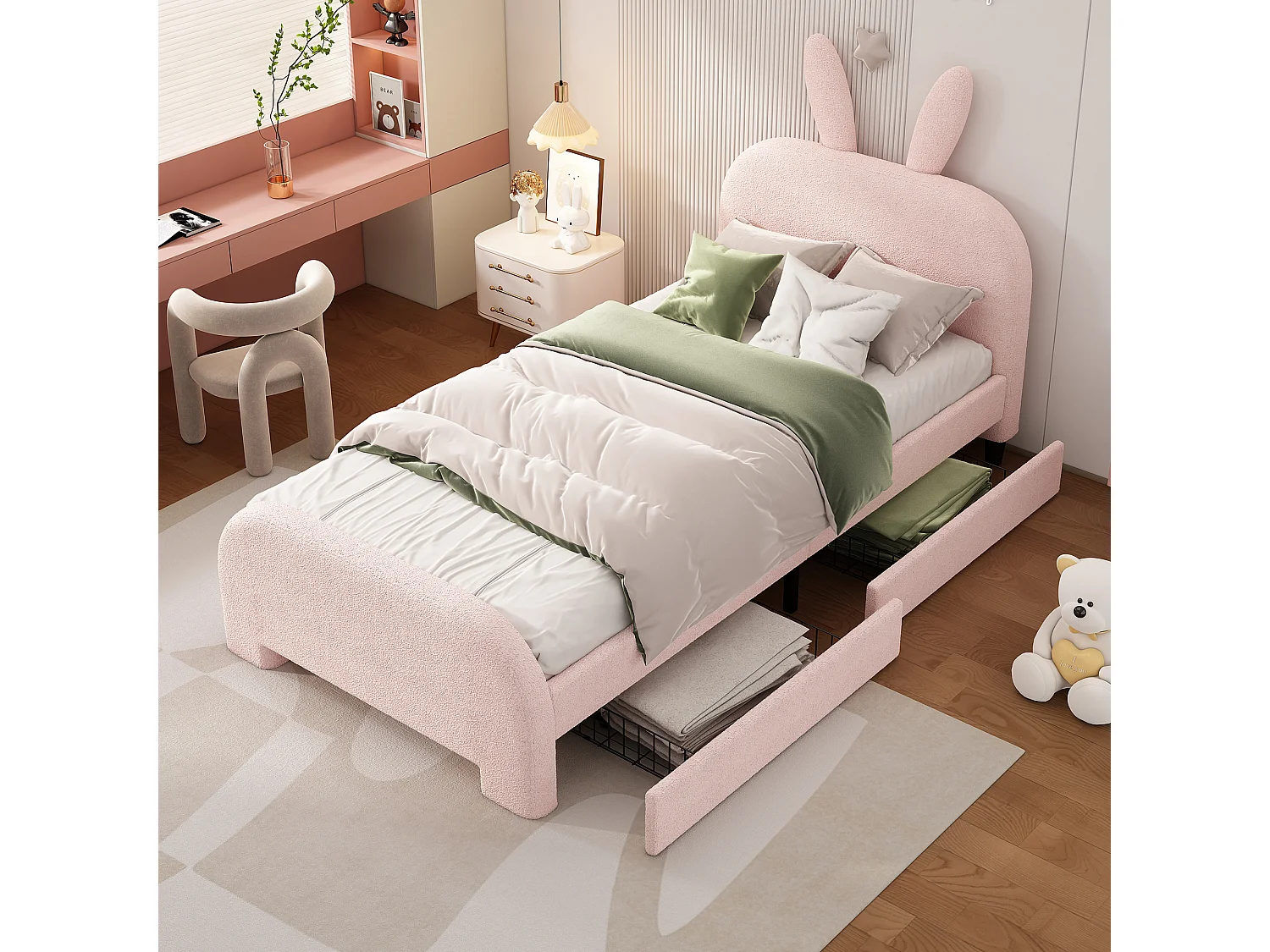 Cama 90x200cm, cama de solteiro infantil com 2 gavetas, estrado de ripas e cabeceira em forma de coelho, em lã de ovelha, cor rosa