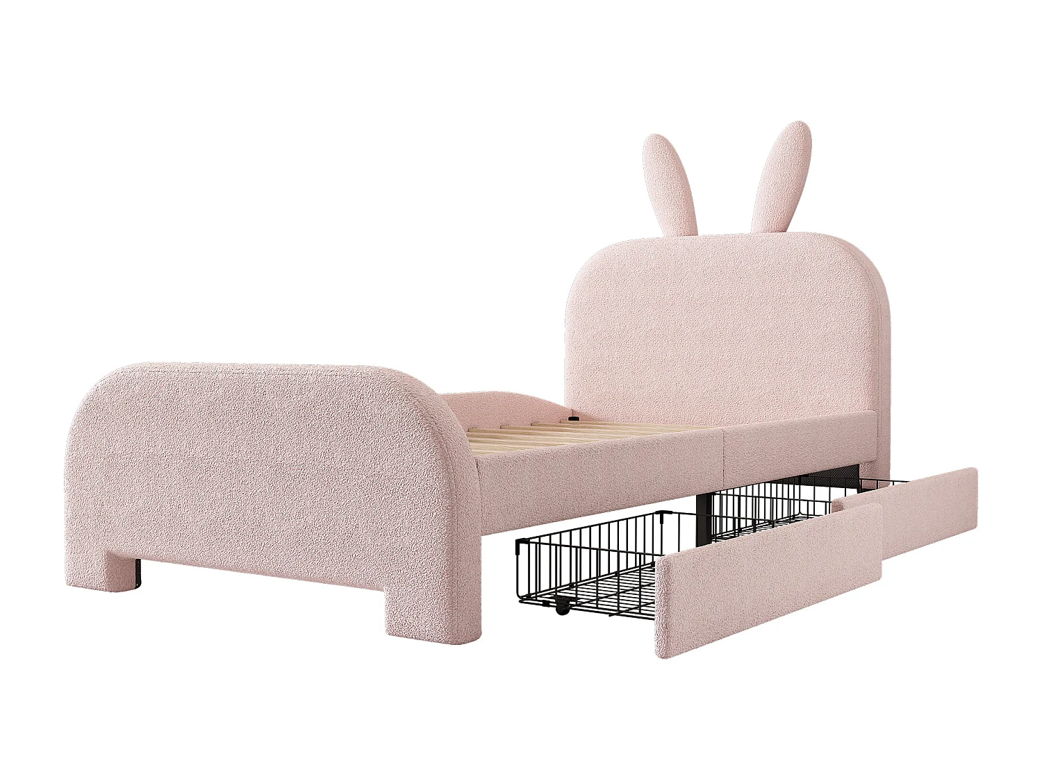 Cama 90x200cm, cama de solteiro infantil com 2 gavetas, estrado de ripas e cabeceira em forma de coelho, em lã de ovelha, cor rosa