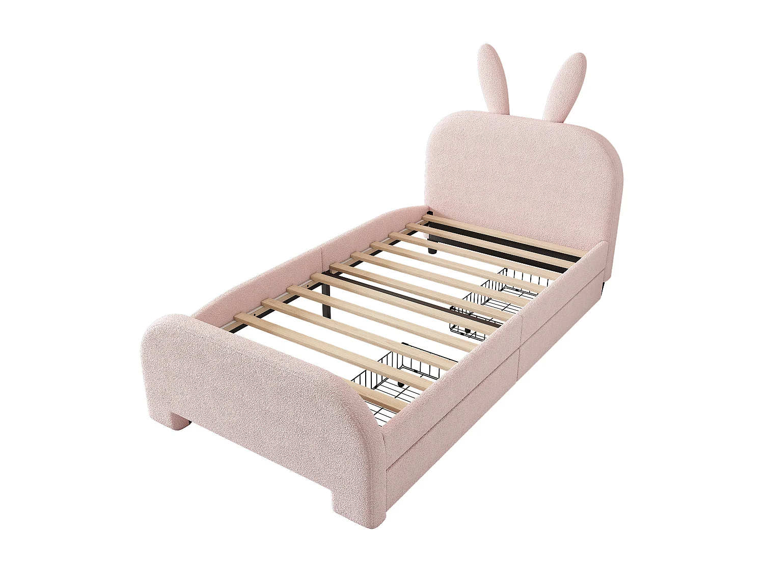 Cama 90x200cm, cama de solteiro infantil com 2 gavetas, estrado de ripas e cabeceira em forma de coelho, em lã de ovelha, cor rosa