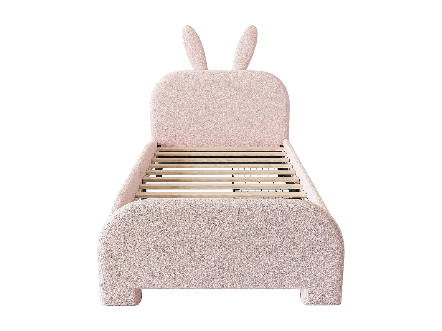 Cama 90x200cm, cama de solteiro infantil com 2 gavetas, estrado de ripas e cabeceira em forma de coelho, em lã de ovelha, cor rosa